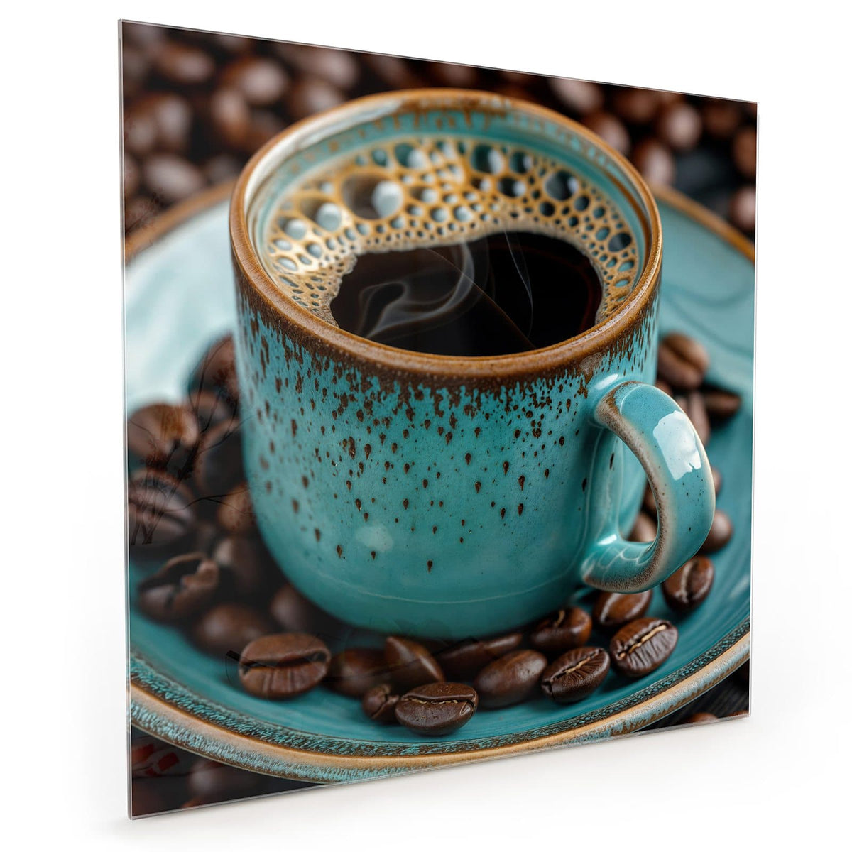 Küchenrückwand aus Glas im quadratischen Format: Türkis gesprenkelte Keramiktasse mit schwarzem Kaffee auf türkiser Untertasse, ringsum Kaffeebohnen #grösse_40 x 40 cm #grösse_50 x 50 cm #grösse_60 x 60 cm