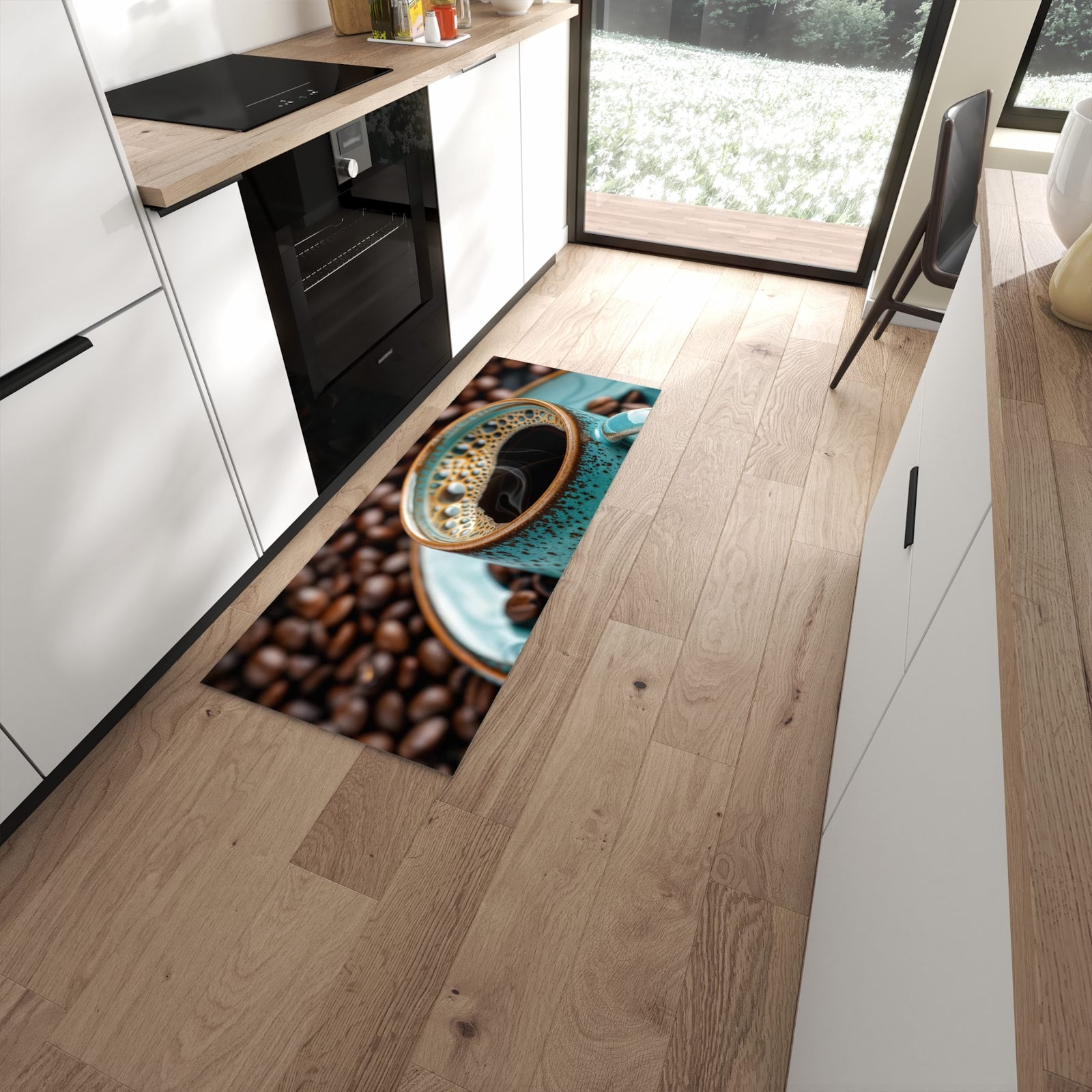 Formstabiler Küchenläufer mit Motiv Kaffee mit Tasse in moderner Küche #grösse_60 x 150 cm