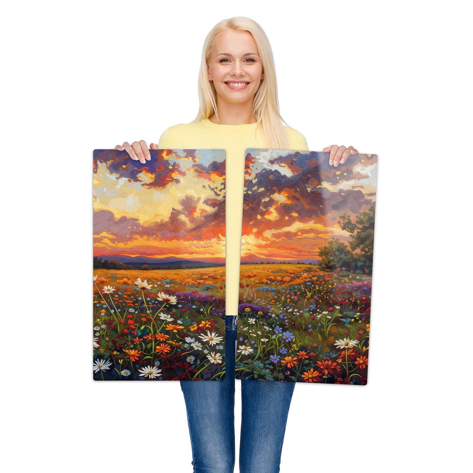 2-teilige Abdeckplatten für Ceranfeld mit Blumenwiese Sonnenuntergang-Motiv wird zur Größendarstellung gehalten