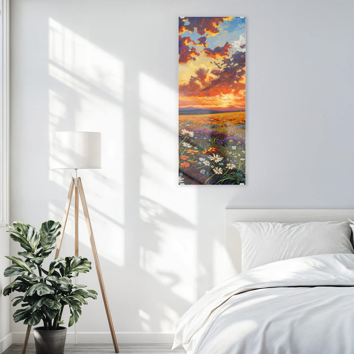 Glasbild Wildblumen im Abendrot an der Wand – Gemalte Wildblumenwiese unter dramatischem Abendhimmel mit orangen Wolken.