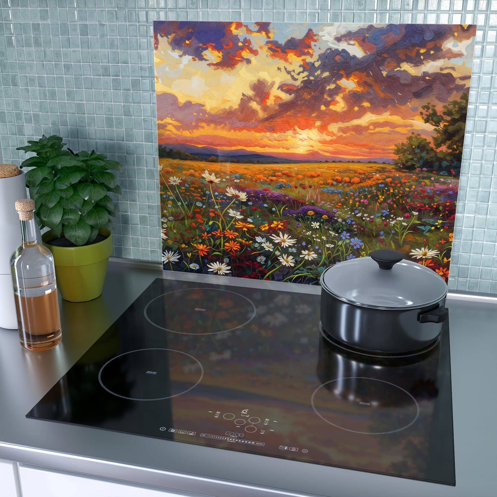 1-teilige Herdabdeckung mit Blumenwiese Sonnenuntergang-Motiv als Spritzschutz hinter dem Kochfeld