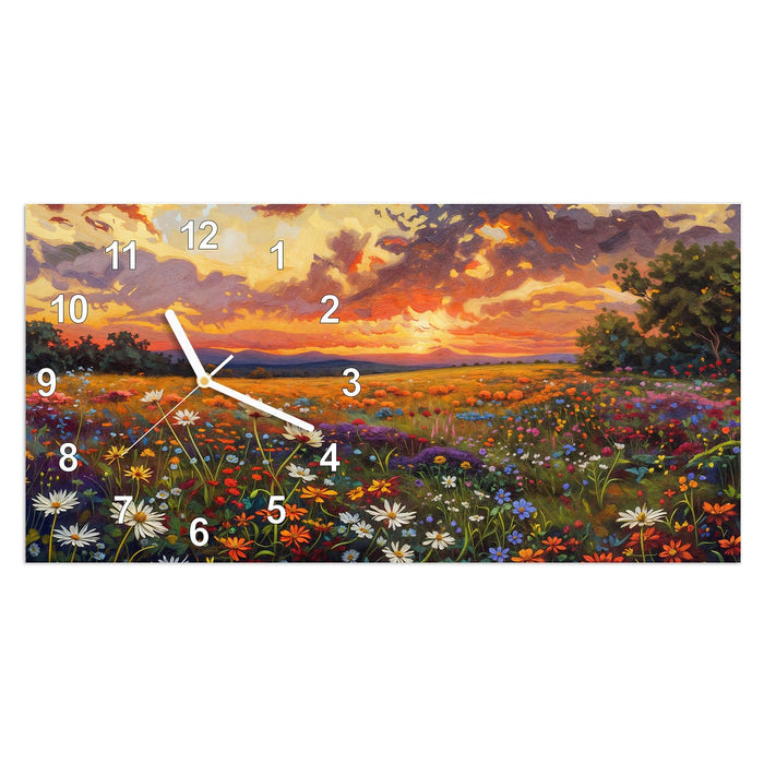 Wanduhr Blumenwiese Sonnenuntergang aus Glas – Querformat 60 × 30 cm mit Ziffernblatt Modern
