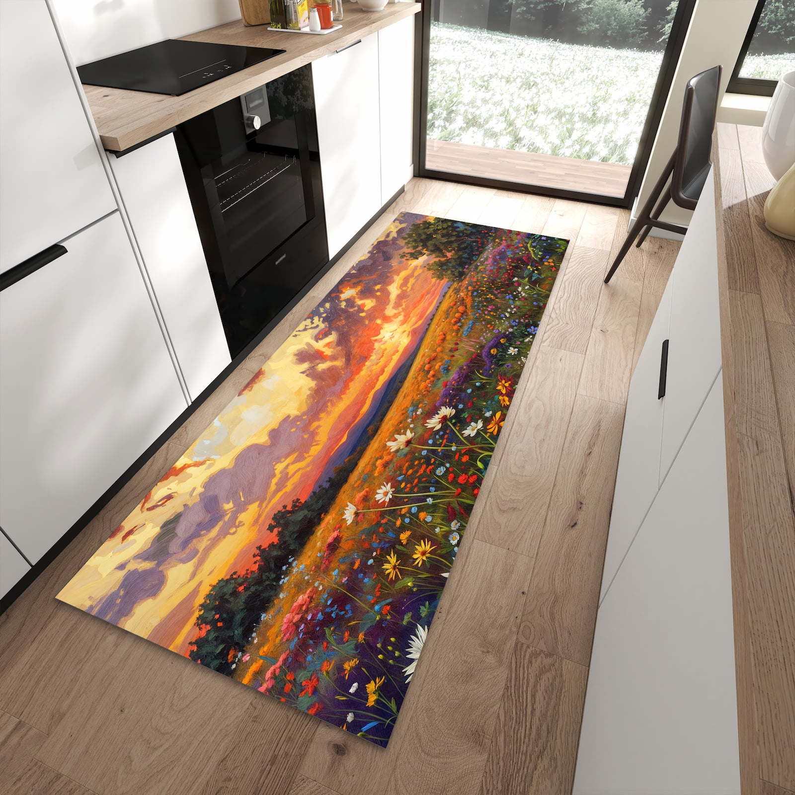 Bodenschonender Küchenläufer nach Maß mit Motiv Blumenwiese Sonnenuntergang in moderner Küche