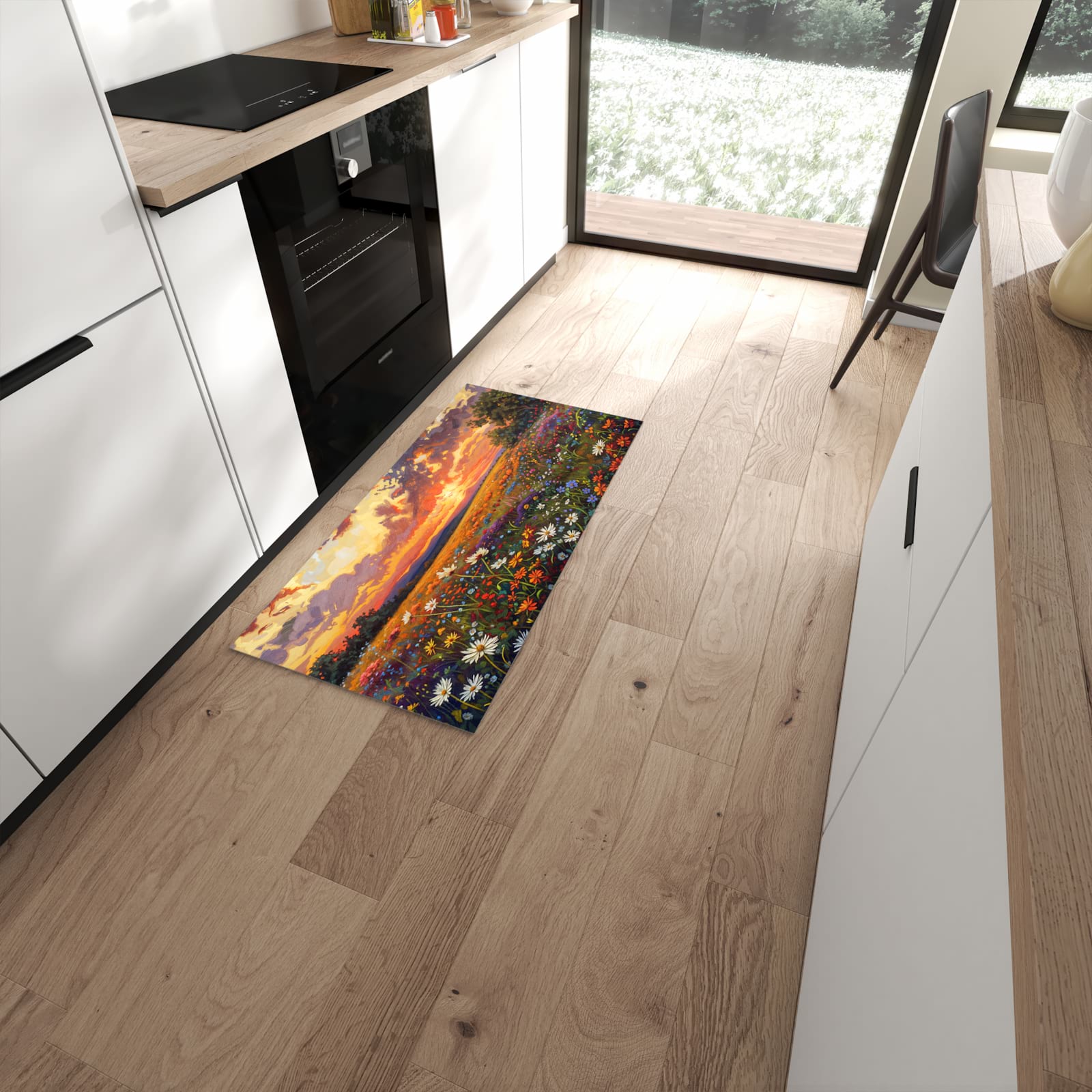 Komfortabler großer Küchenteppich mit Motiv Blumenwiese Sonnenuntergang in moderner Küche #grösse_60 x 120 cm