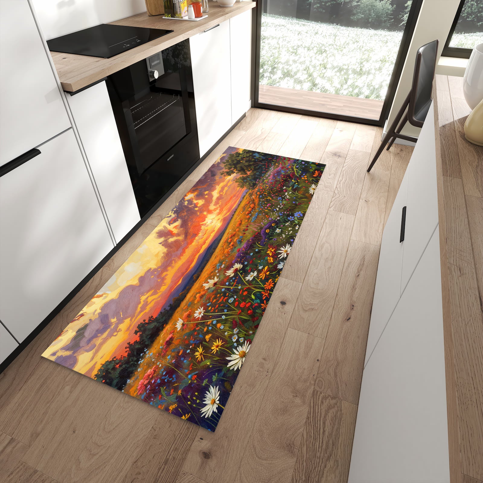 Langlebiger rutschfester Küchenläufer mit Motiv Blumenwiese Sonnenuntergang in moderner Küche