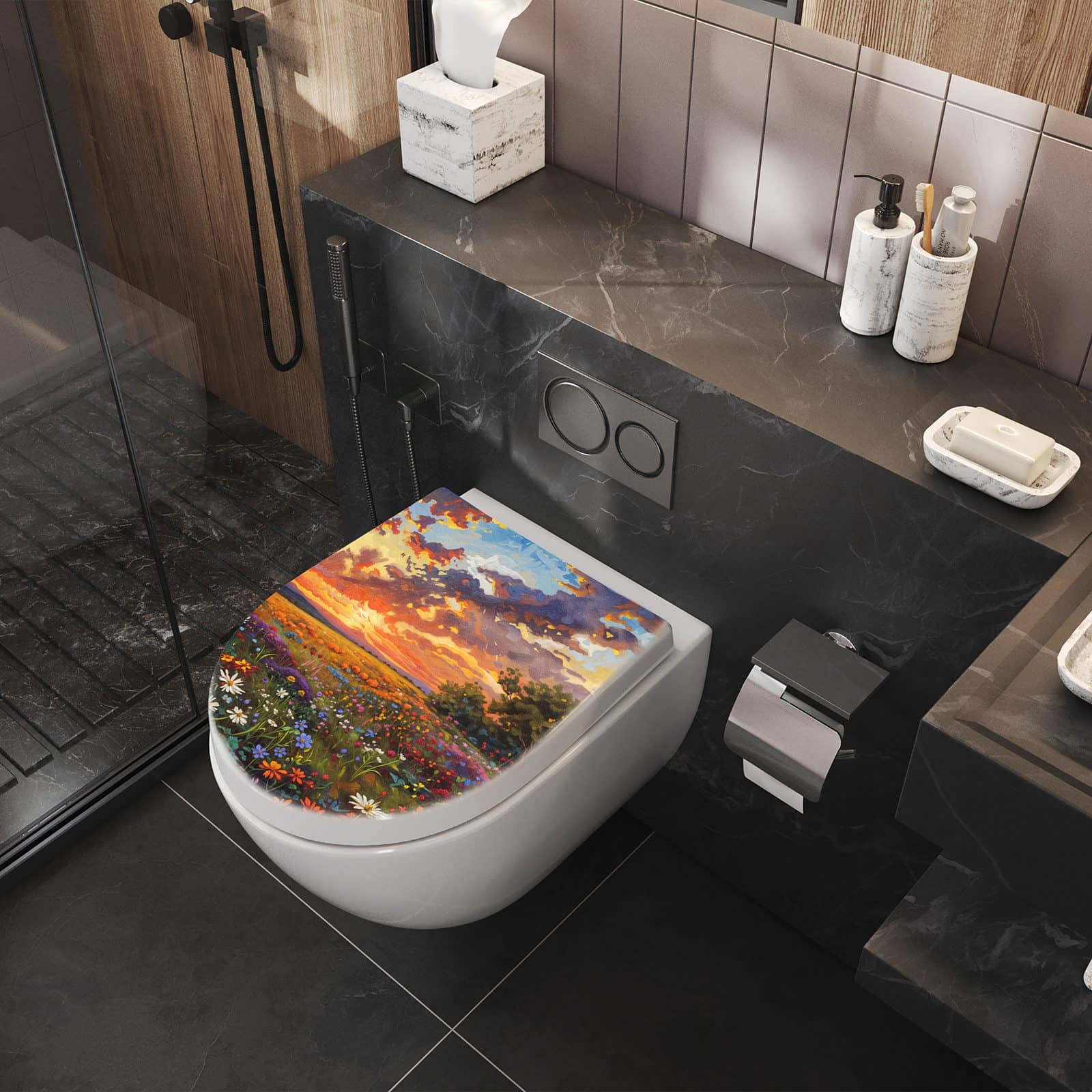 WC-Sitz mit Absenkautomatik Blumenwiese Sonnenuntergang