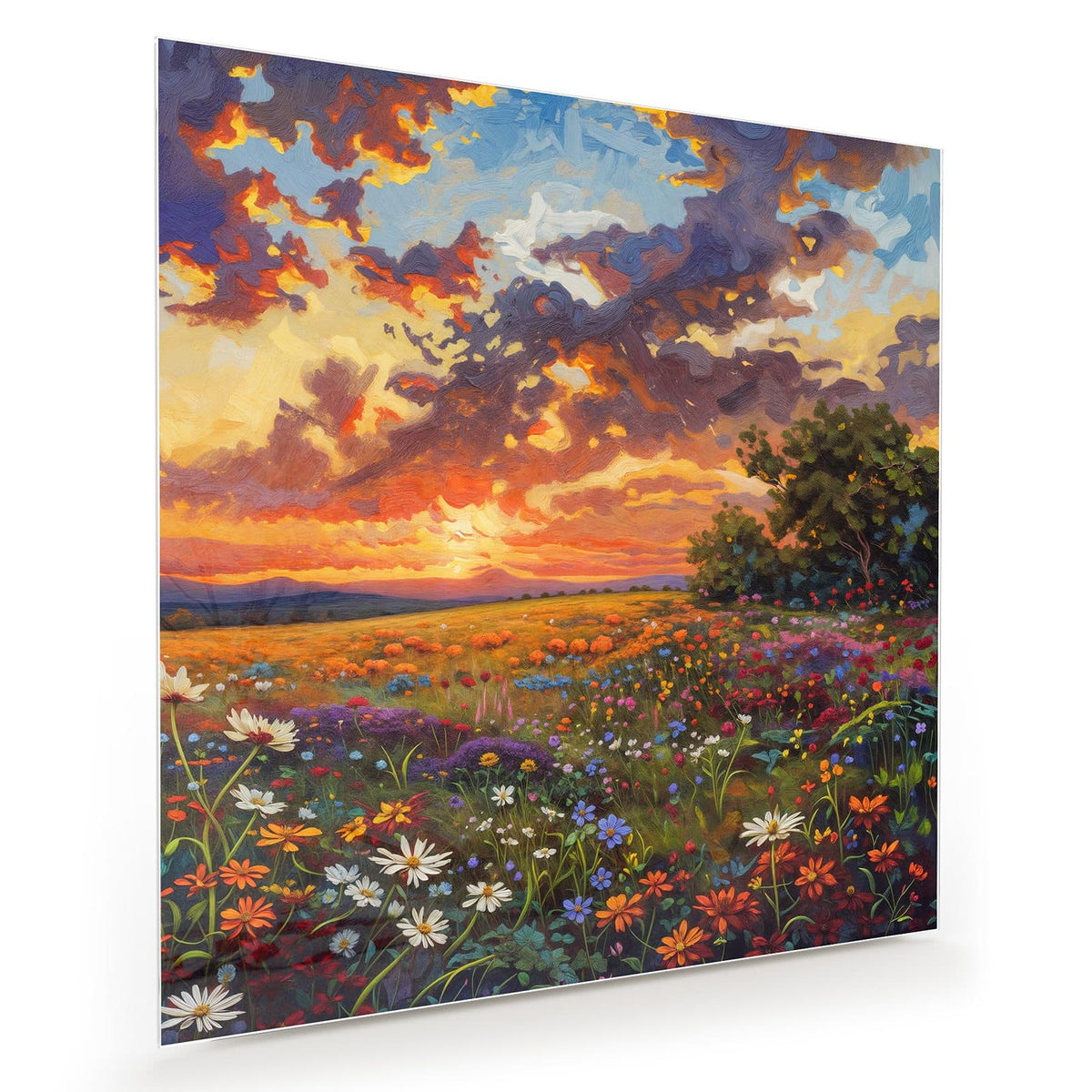 Gemalte Wildblumenwiese unter dramatischem Abendhimmel mit orangen Wolken.