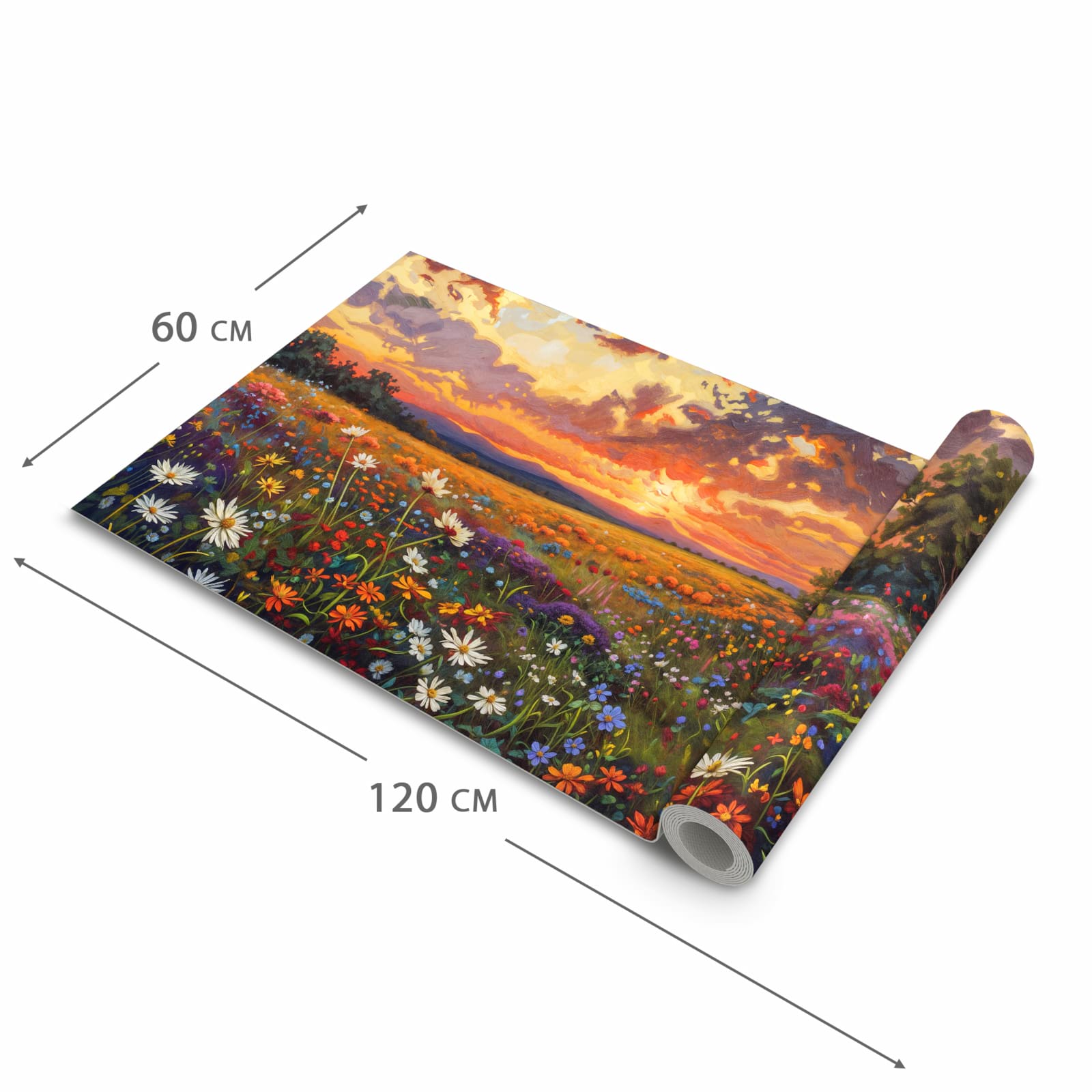 Waschbarer rutschfester Küchenläufer mit Motiv Blumenwiese Sonnenuntergang in der Grösse 80x280 cm