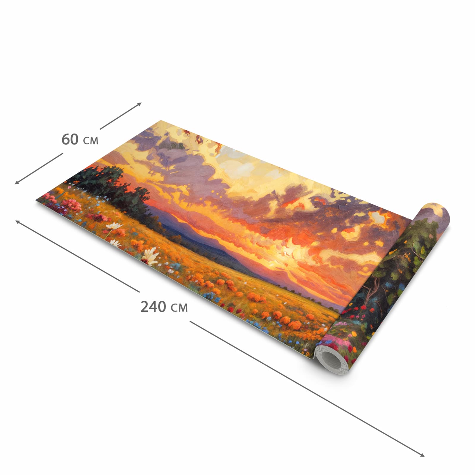 Hygienischer abwaschbarer Küchenteppich mit Motiv Blumenwiese Sonnenuntergang in der Grösse 80x280 cm