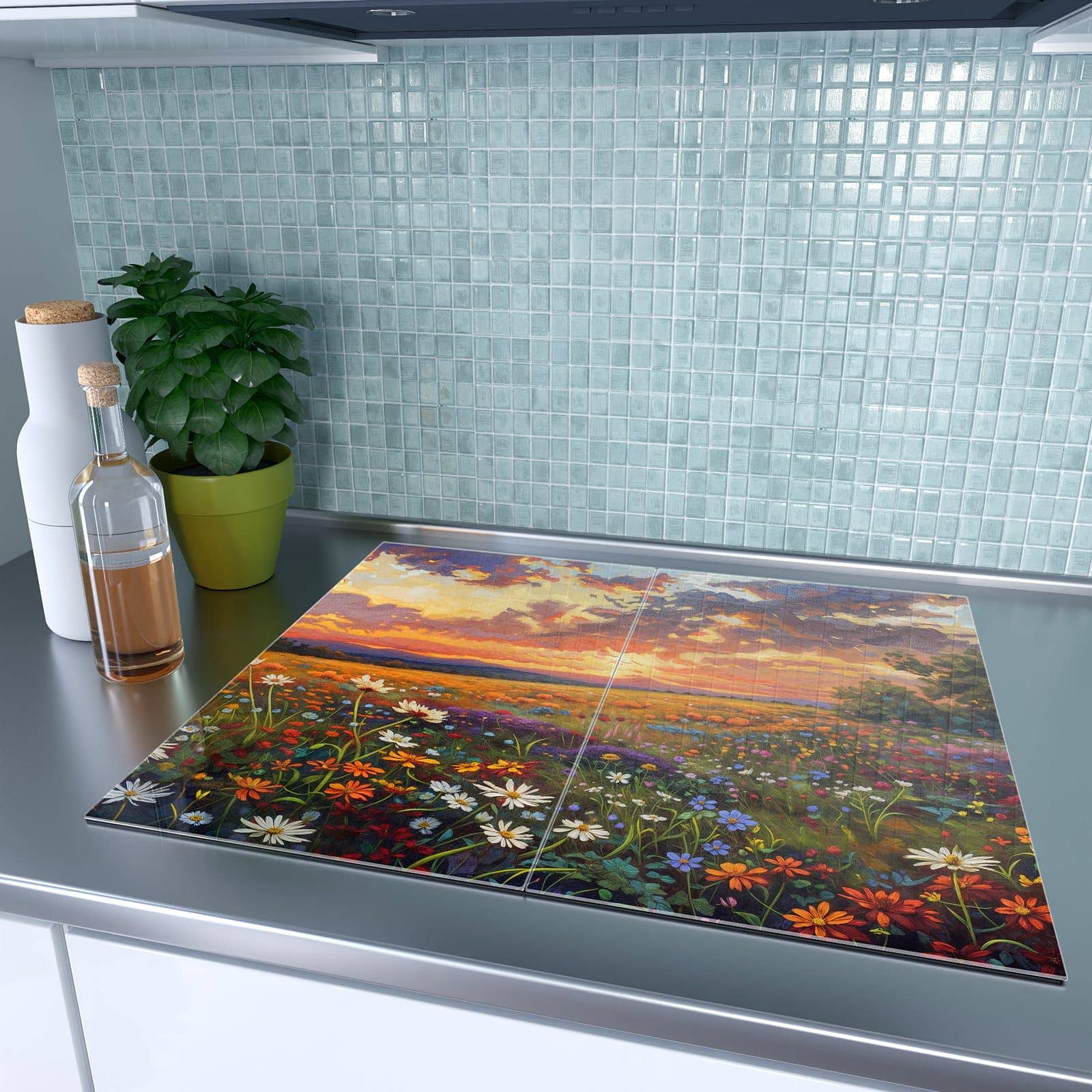 2-teilige Abdeckplatte für Induktionsherd mit Blumenwiese Sonnenuntergang-Motiv auf dem Ceranfeld