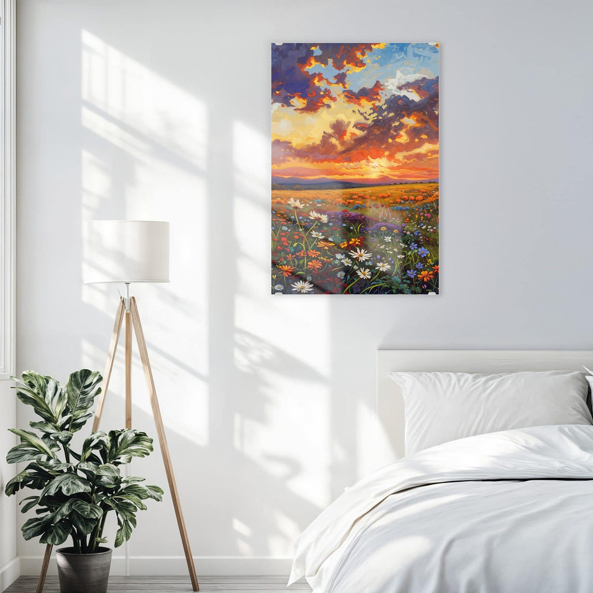 Glasbild Wildblumen im Abendrot an der Wand – Gemalte Wildblumenwiese unter dramatischem Abendhimmel mit orangen Wolken.