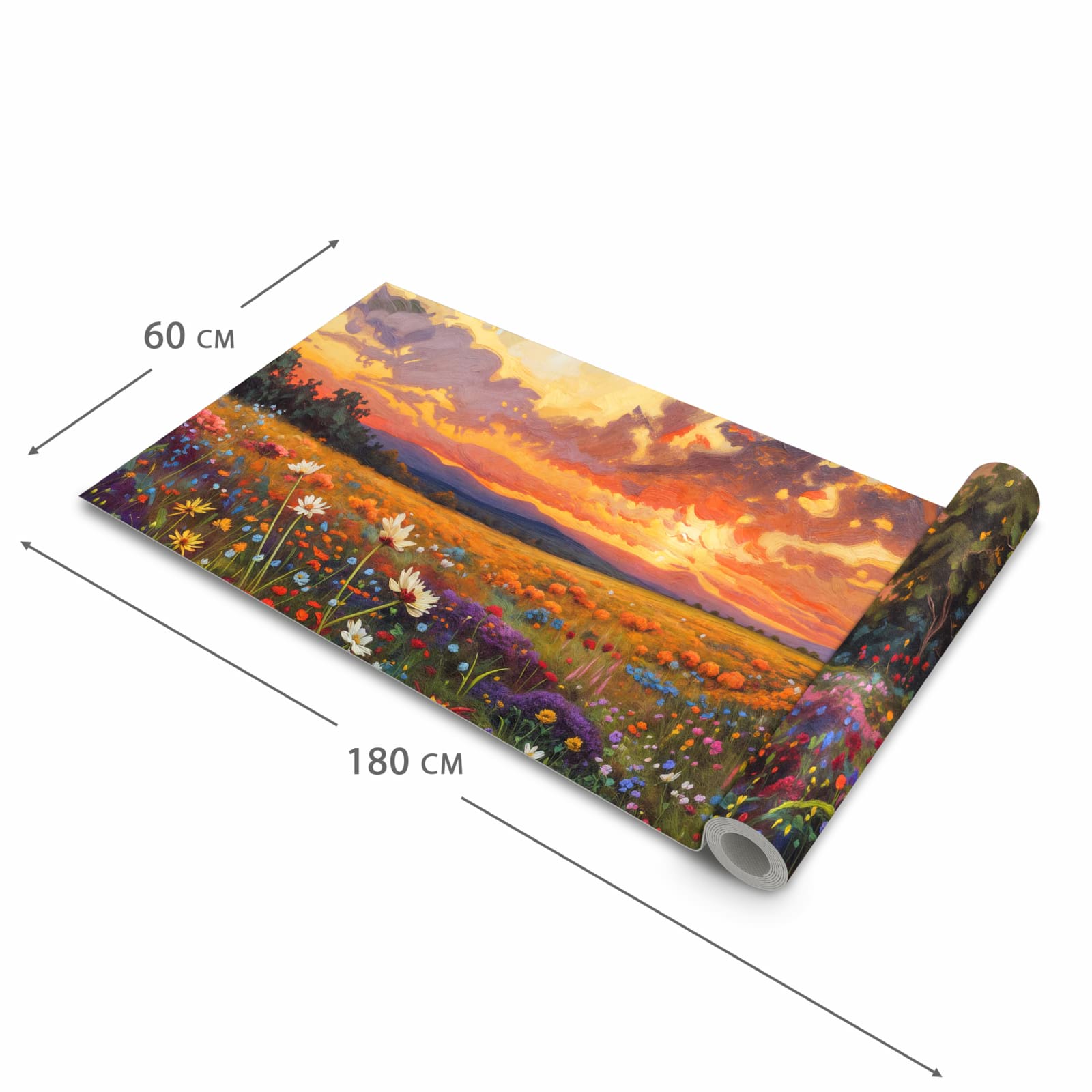 Abwaschbarer Küchenläufer mit Motiv Blumenwiese Sonnenuntergang in der Größe 80x280 cm für angenehme Haptik