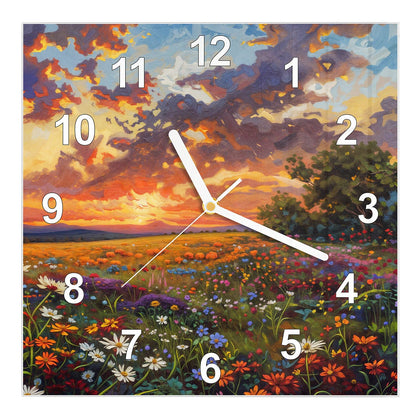 Wanduhr Quadratisch mit dem Motiv Wildblumen im Abendrot