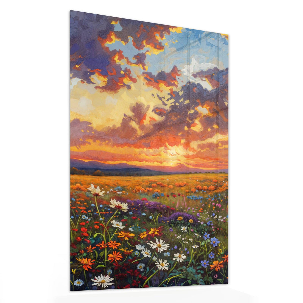 Glasbild Wildblumen im Abendrot von der Seite, 4 mm Echtglas