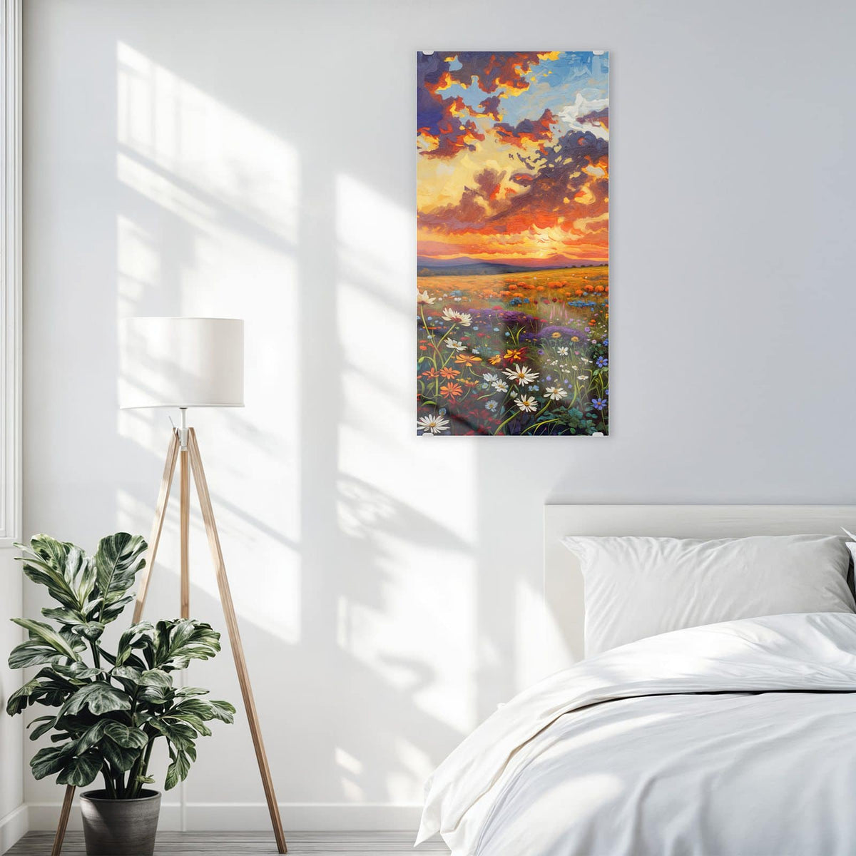 Glasbild Wildblumen im Abendrot an der Wand – Gemalte Wildblumenwiese unter dramatischem Abendhimmel mit orangen Wolken.