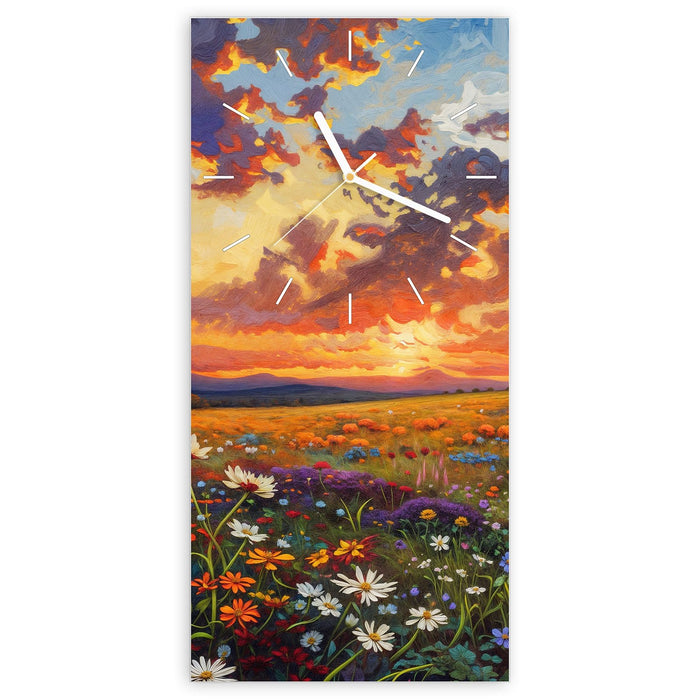 Wanduhr Blumenwiese Sonnenuntergang aus Glas – Hochformat 30 × 60 cm mit Ziffernblatt Linie
