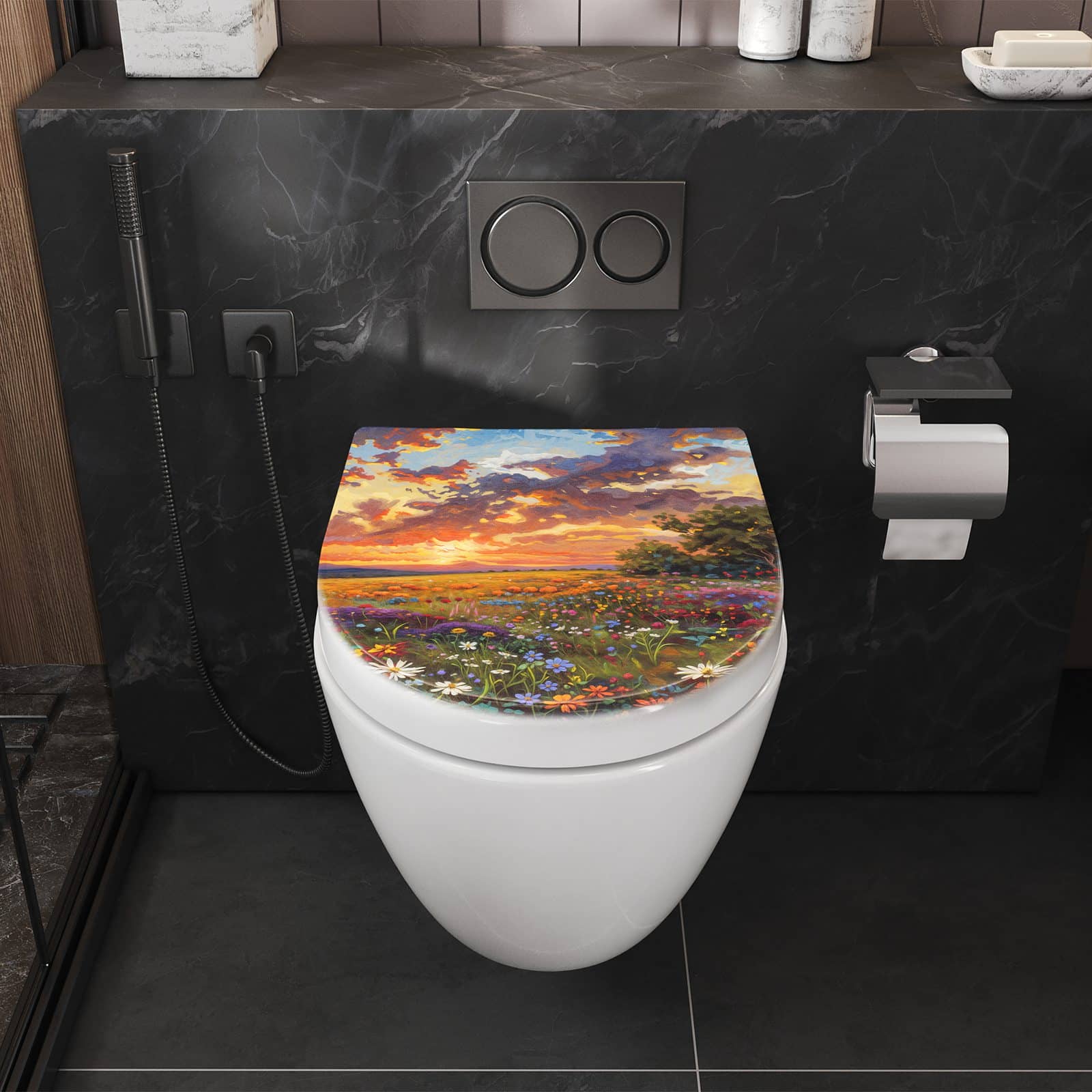 WC-Sitz mit Absenkautomatik Blumenwiese Sonnenuntergang
