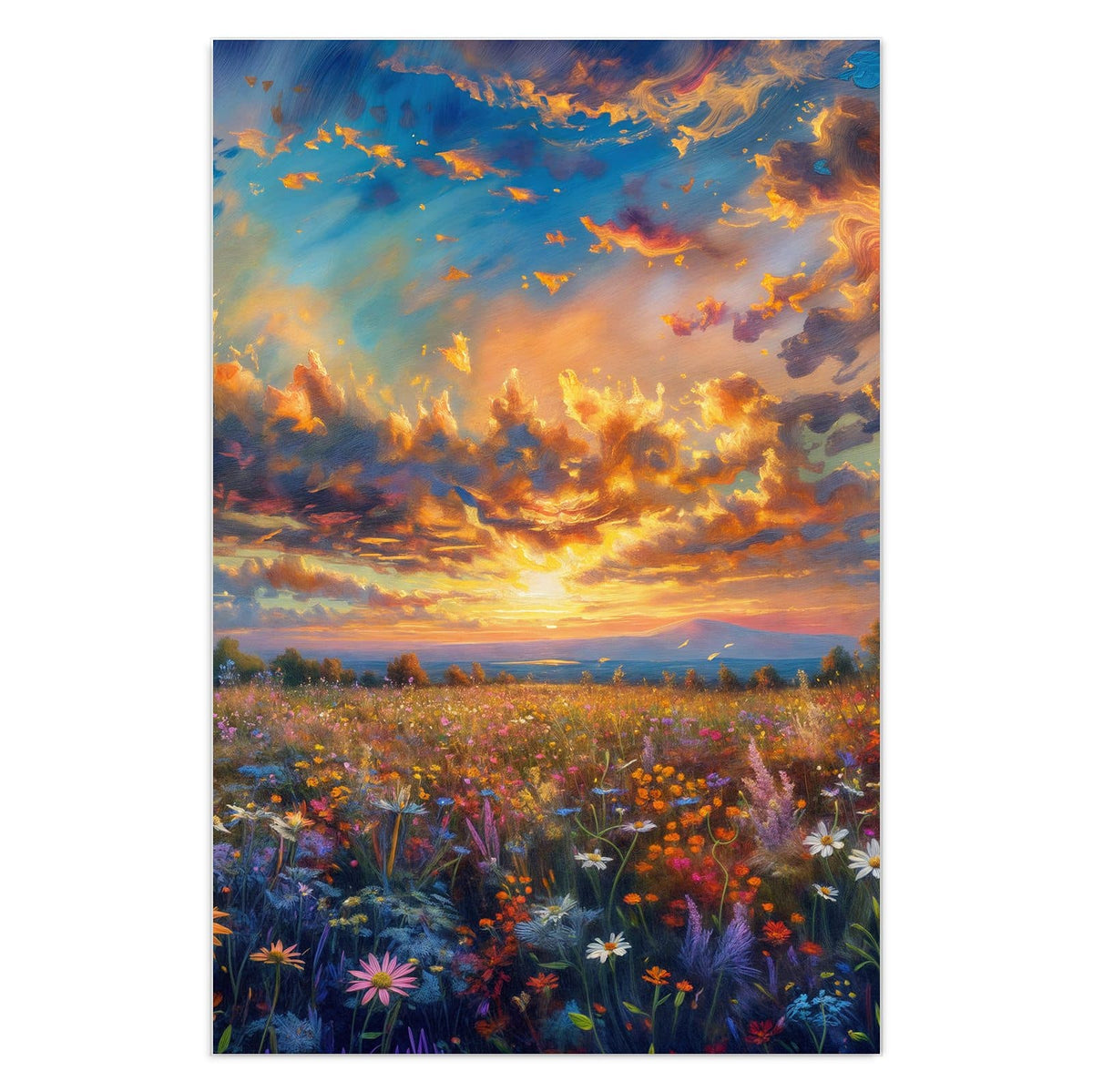 Gemalte Wildblumenwiese unter dramatisch aufgerissenem Abendhimmel, impressionistisch