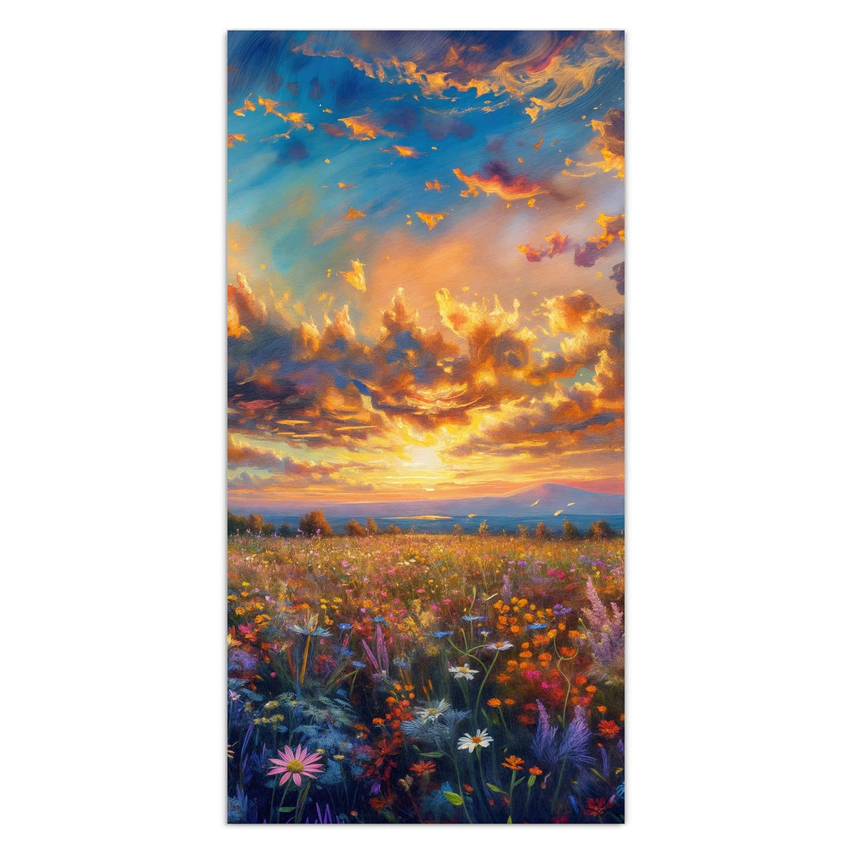 Gemalte Wildblumenwiese unter dramatisch aufgerissenem Abendhimmel, impressionistisch