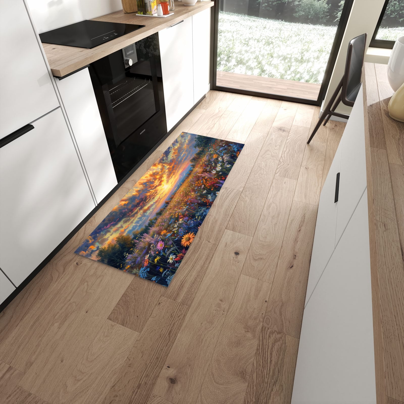 Waschbarer Teppich fürs Esszimmer mit Motiv Sonnenuntergang von Blumenwiese in moderner Küche #grösse_60 x 150 cm