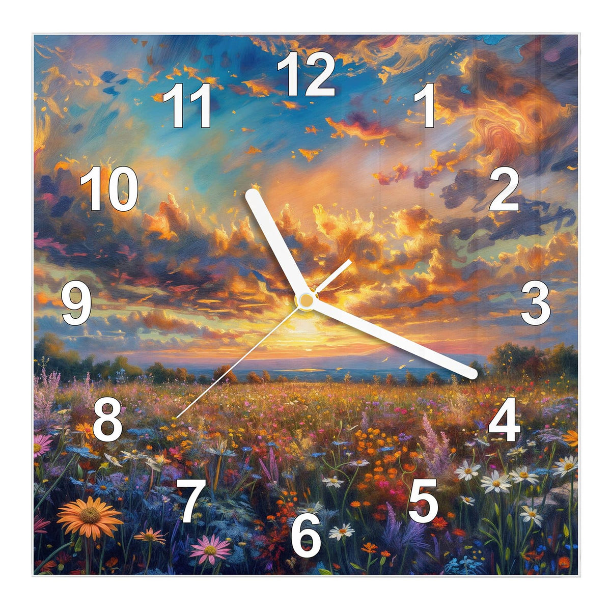 Wanduhr aus Glas, Ziffernblatt Modern: Gemalte Wildblumenwiese unter dramatisch aufgerissenem Abendhimmel, impressionistisch #ziffernblatt_Modern