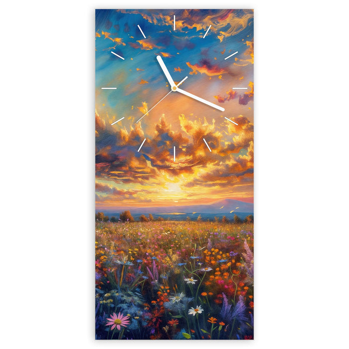 Wanduhr Wildblumenwiese Abendrot aus Glas – Hochformat 30 × 60 cm mit Ziffernblatt Linie