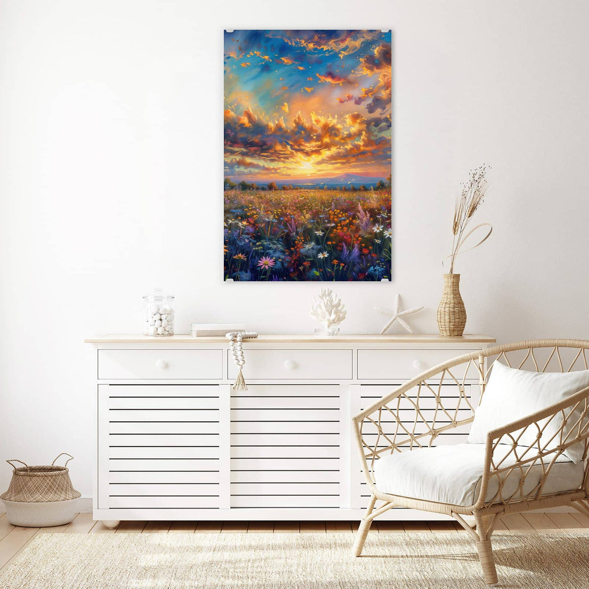 Glasbild Gemalte Wildblumen an der Wand – Gemalte Wildblumenwiese unter dramatisch aufgerissenem Abendhimmel, impressionistisch