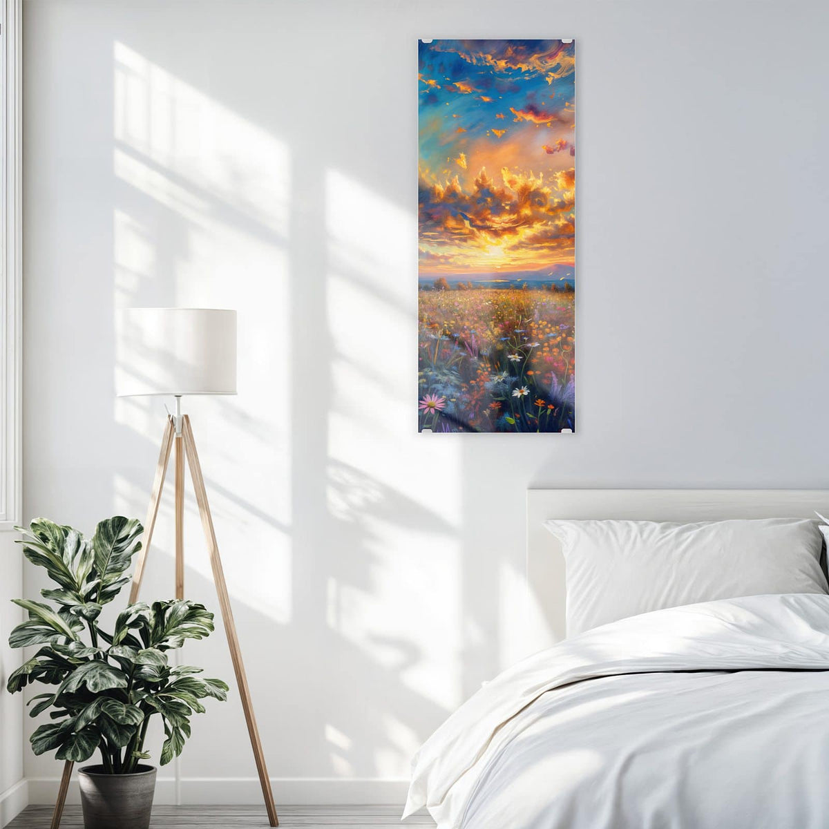 Glasbild Gemalte Wildblumen an der Wand – Gemalte Wildblumenwiese unter dramatisch aufgerissenem Abendhimmel, impressionistisch