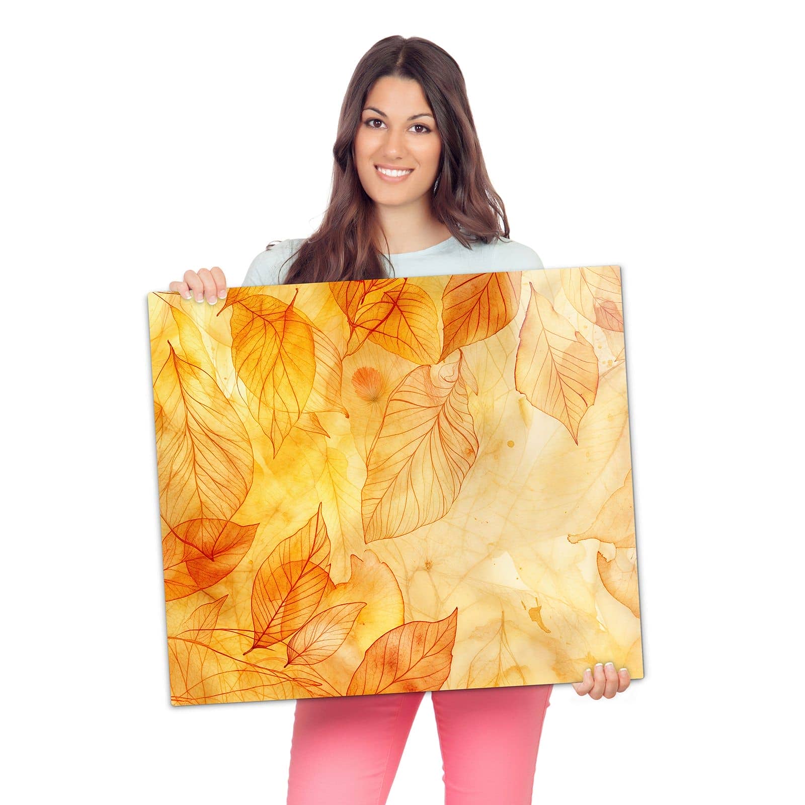 1-teilige Kochfeldabdeckung mit Herbstblätter-Motiv wird zur Größendarstellung gehalten