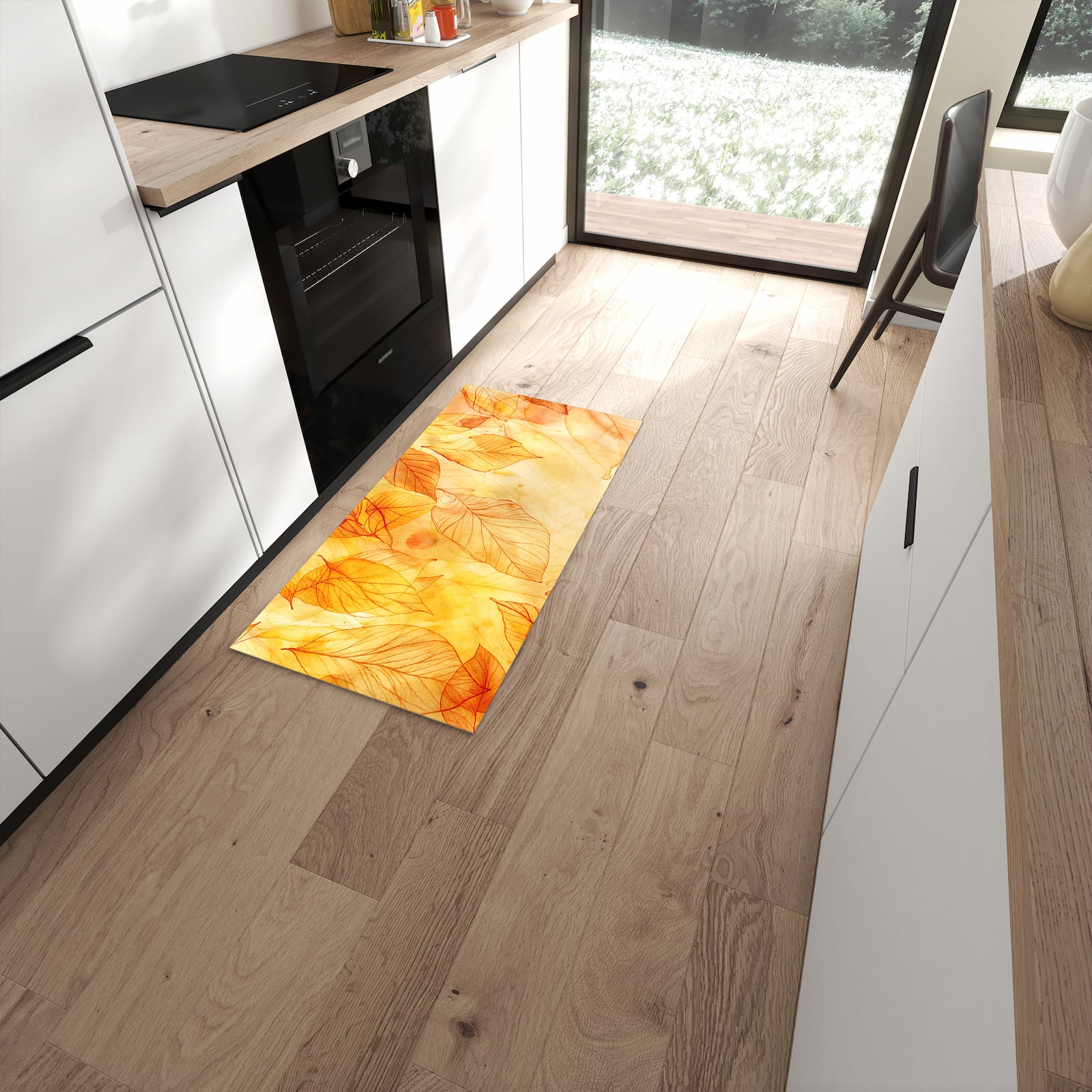Pflegeleichter Küchenläufer mit Motiv Herbstblätter in moderner Küche #grösse_60 x 120 cm