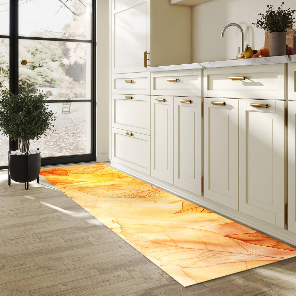 Rutschhemmender dünner Teppich mit Motiv Herbstblätter in heller Küche
