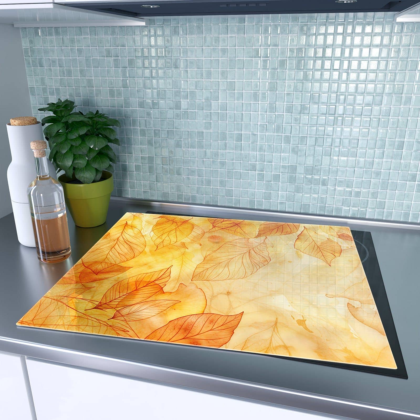 1-teilige Herdabdeckung aus Holz mit Herbstblätter-Motiv auf dem Ceranfeld