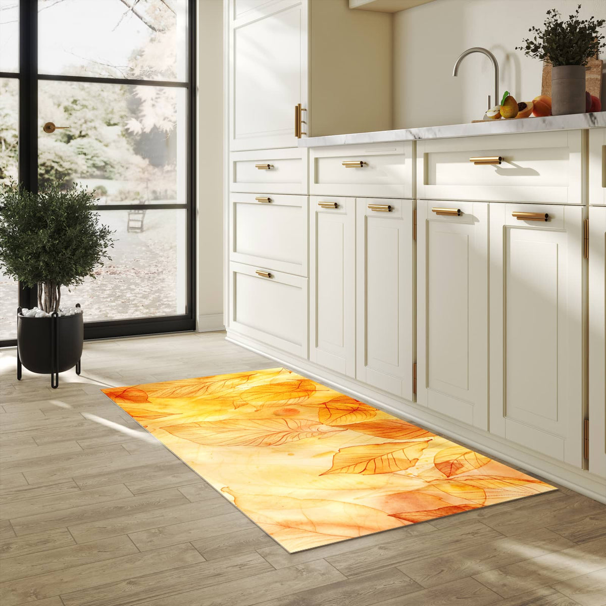 Rutschfester Küchenteppich mit Motiv Herbstblätter in heller Küche, einfach zu reinigen