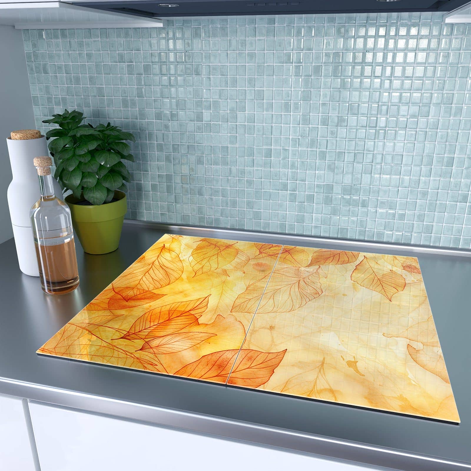 2-teilige Herdabdeckplatten aus Glas mit Herbstblätter-Motiv auf dem Ceranfeld