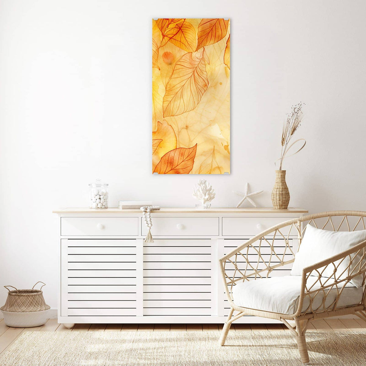 Glasbild Durchscheinendes Laub an der Wand – Aquarellartige, durchscheinende Blätter in Gold, Orange und Bernstein, übereinandergelegt