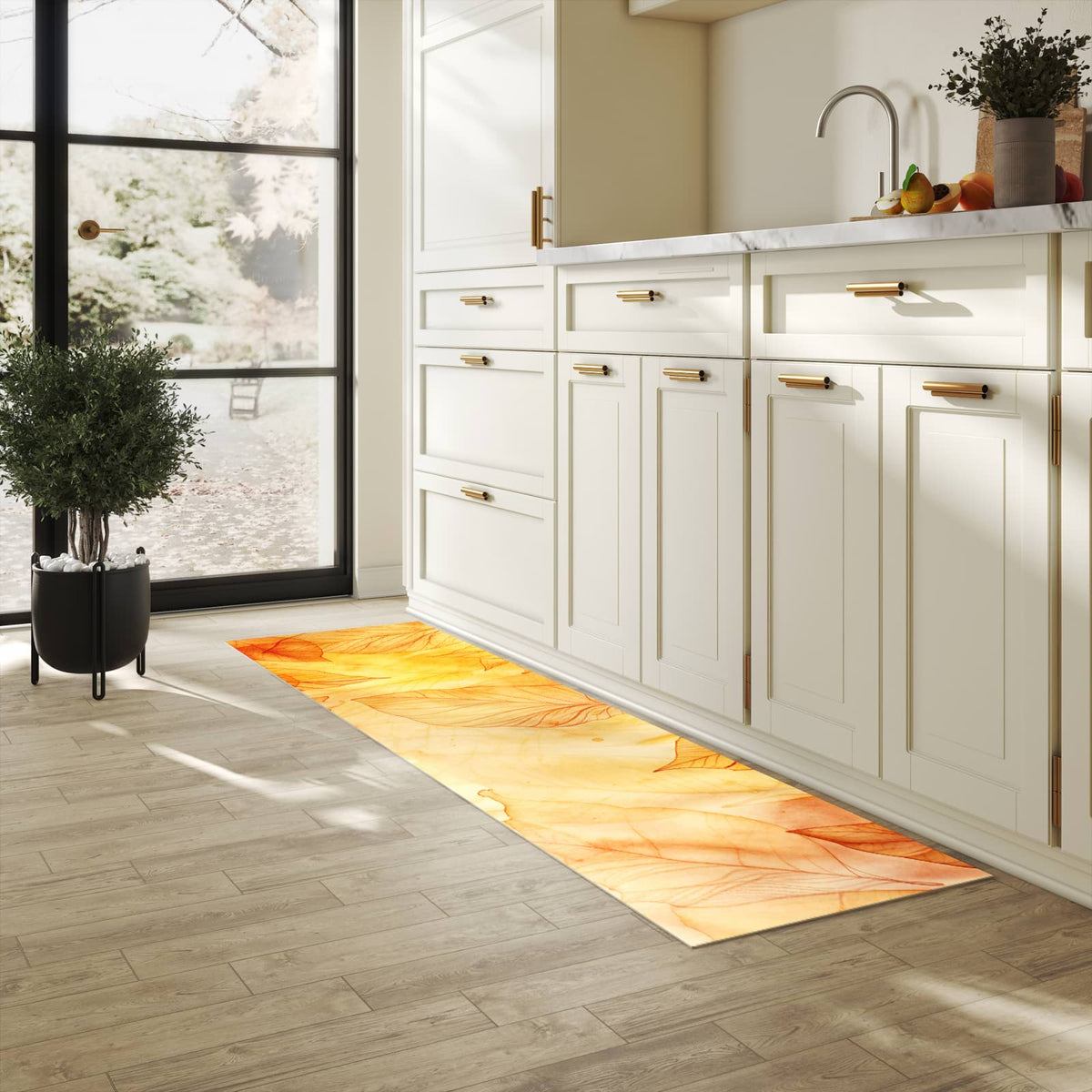 Fleckenresistenter Küchenläufer mit Motiv Herbstblätter in heller Küche