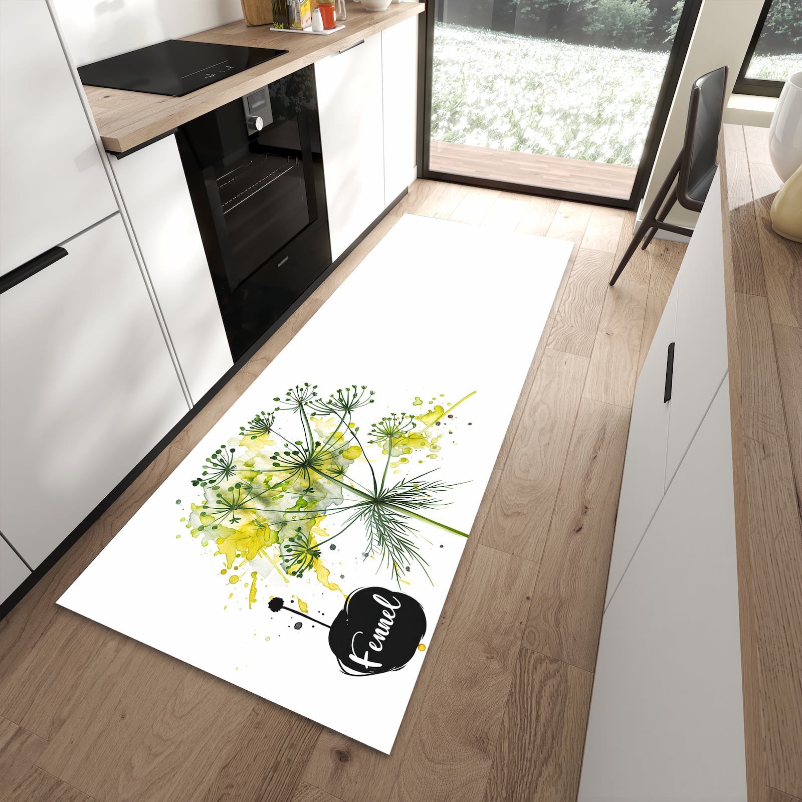 Rutschfester Küchenläufer mit Motiv Fennel Kunstwerk in moderner Küche