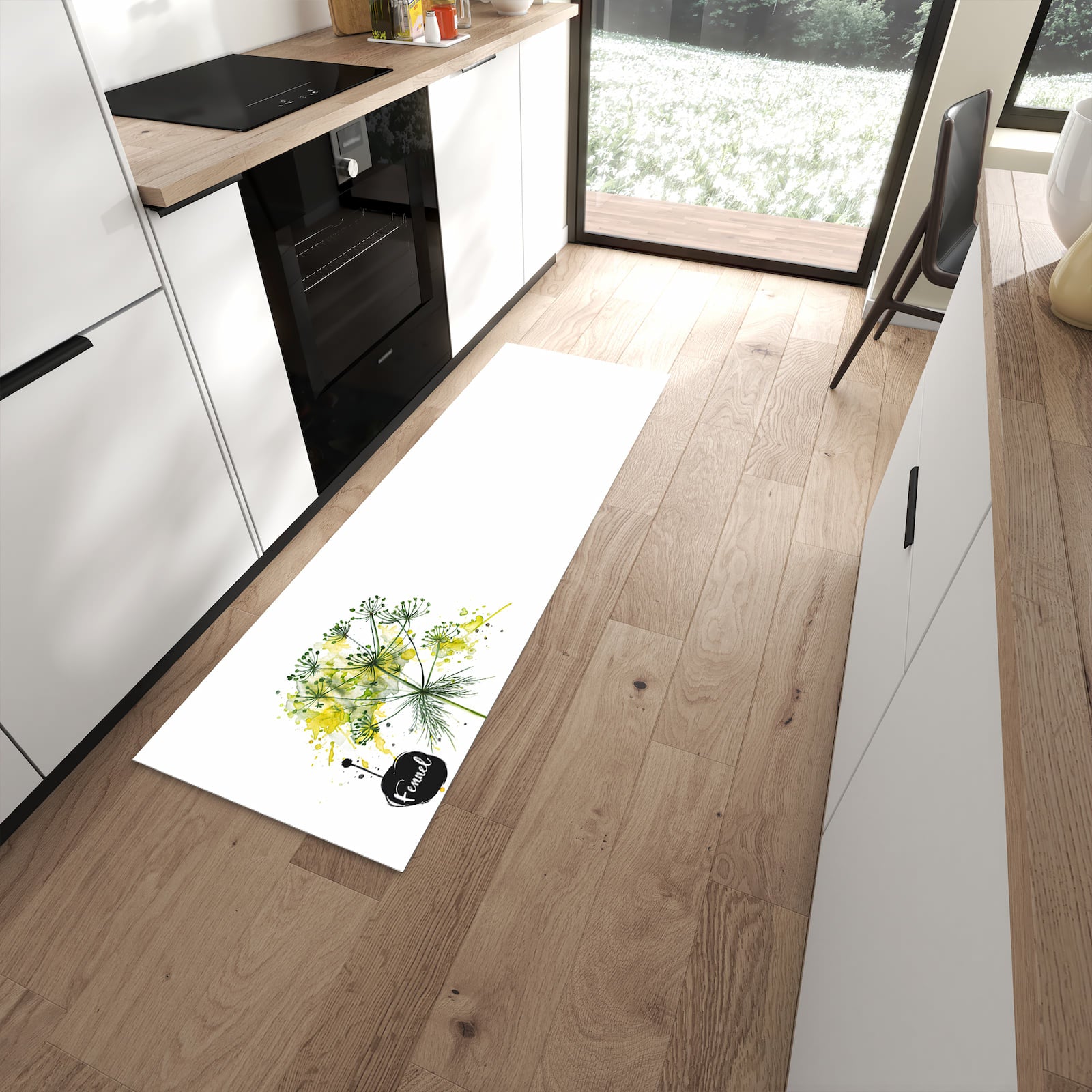 UV-beständiger Küchenteppich mit Motiv Fennel Kunstwerk in moderner Küche