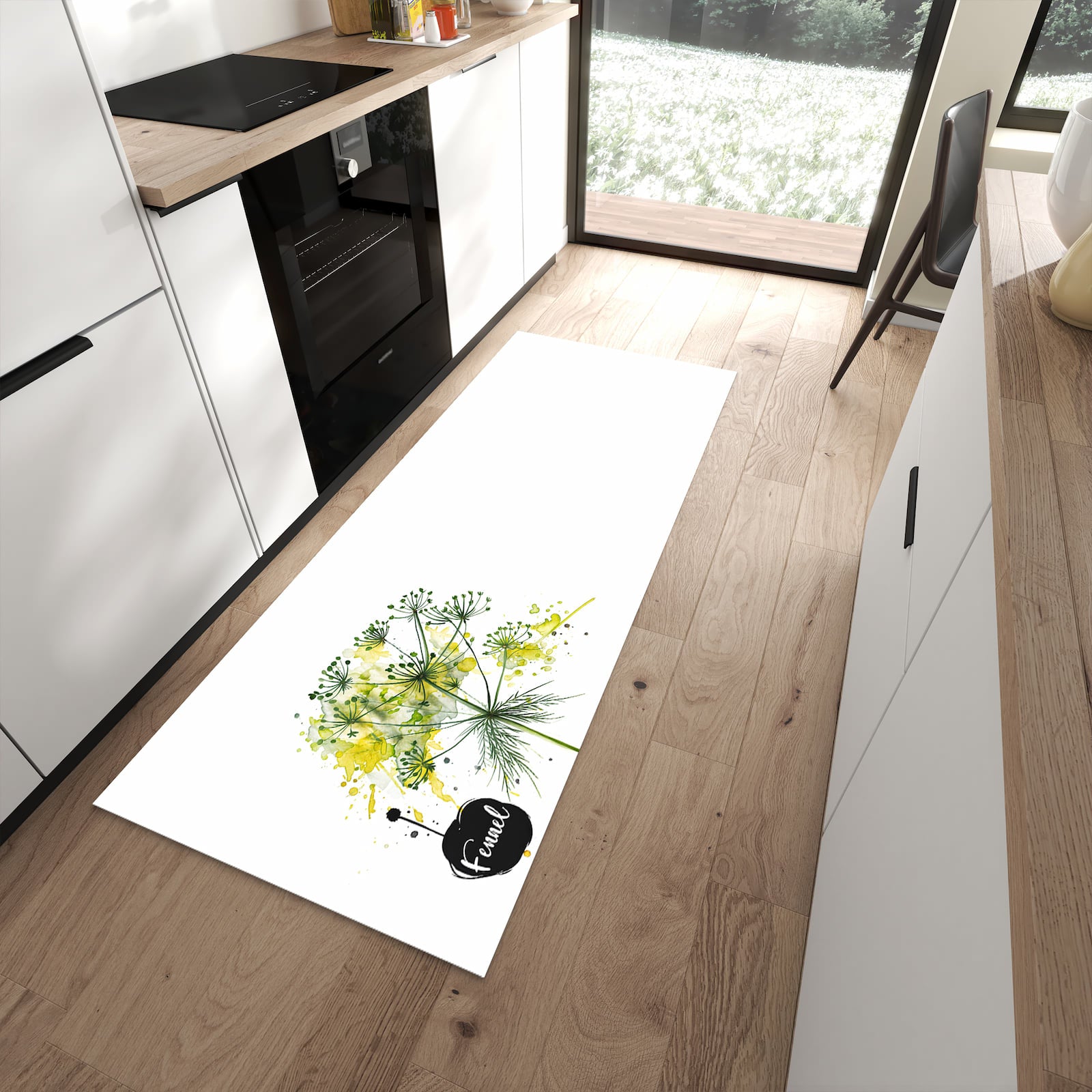 Geruchsneutraler Küchenteppich mit Motiv Fennel Kunstwerk in moderner Küche
