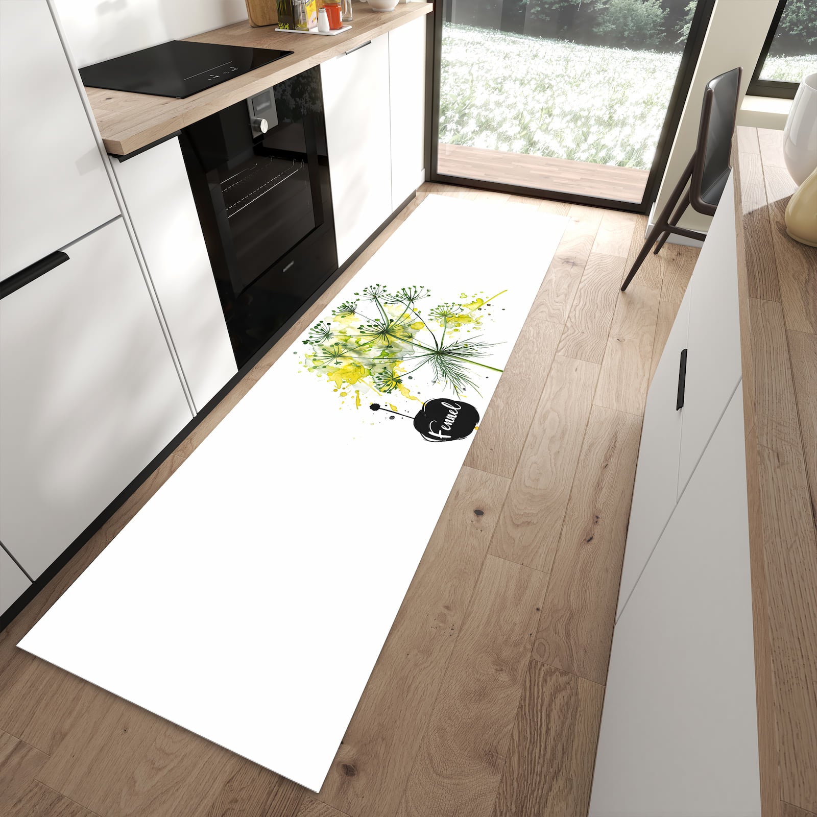 Flacher Küchenteppich mit Motiv Fennel Kunstwerk in moderner Küche