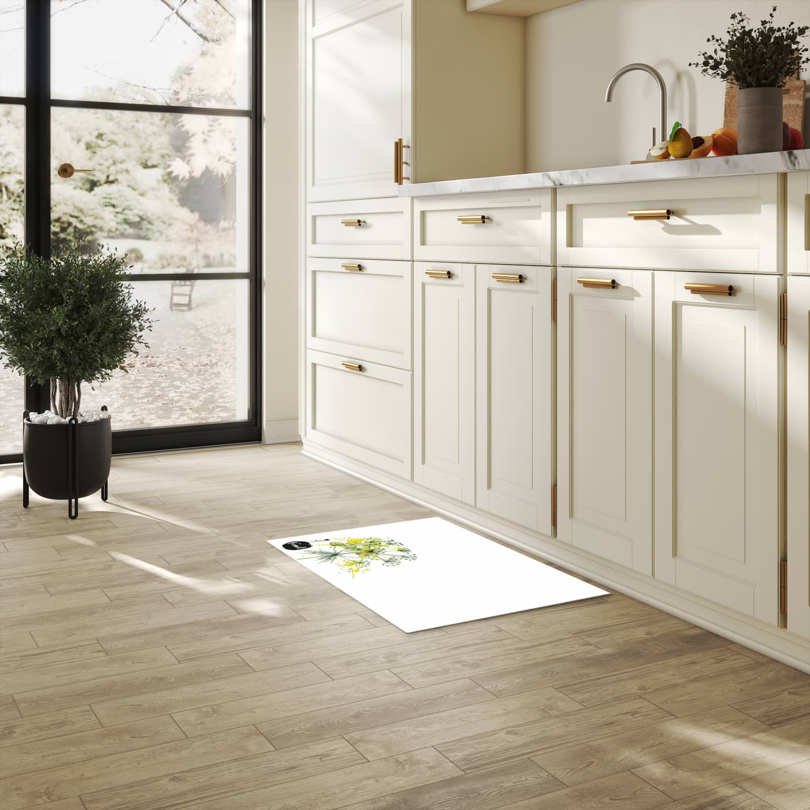 Bodenschonender Küchenteppich mit Motiv Fennel Kunstwerk in heller Küche