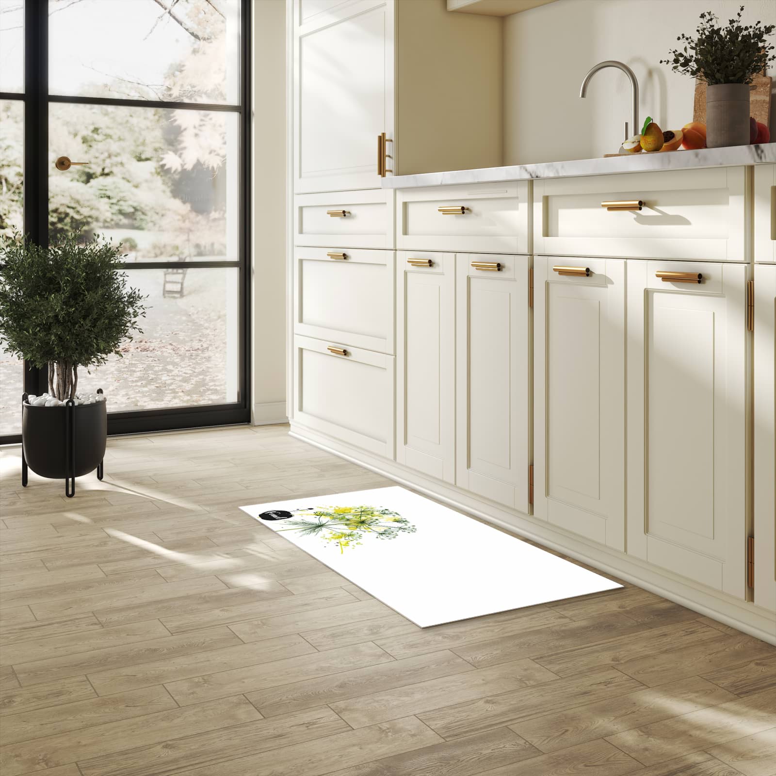 Abwaschbarer Küchenteppich mit Motiv Fennel Kunstwerk in heller Küche