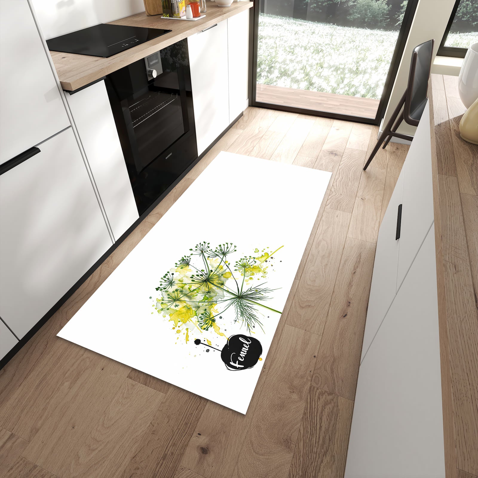 Komfortabler Küchenläufer mit Motiv Fennel Kunstwerk in moderner Küche