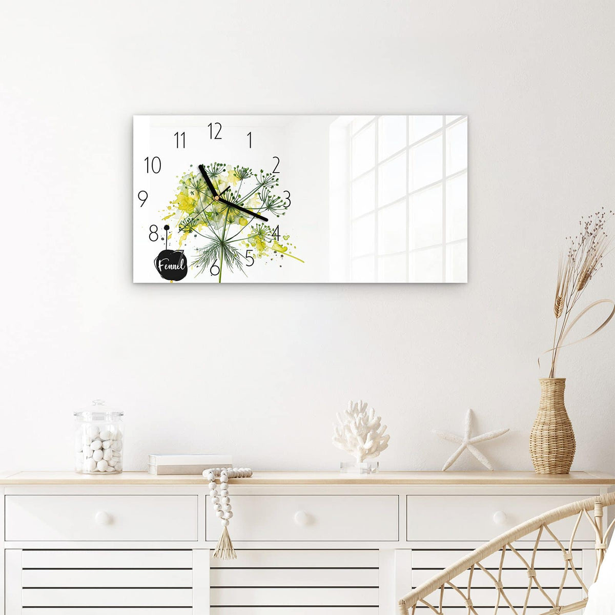 Wanduhr Fennel Kunstwerk aus Glas – Querformat 60 × 30 cm – Fenchel in Aquarelloptik