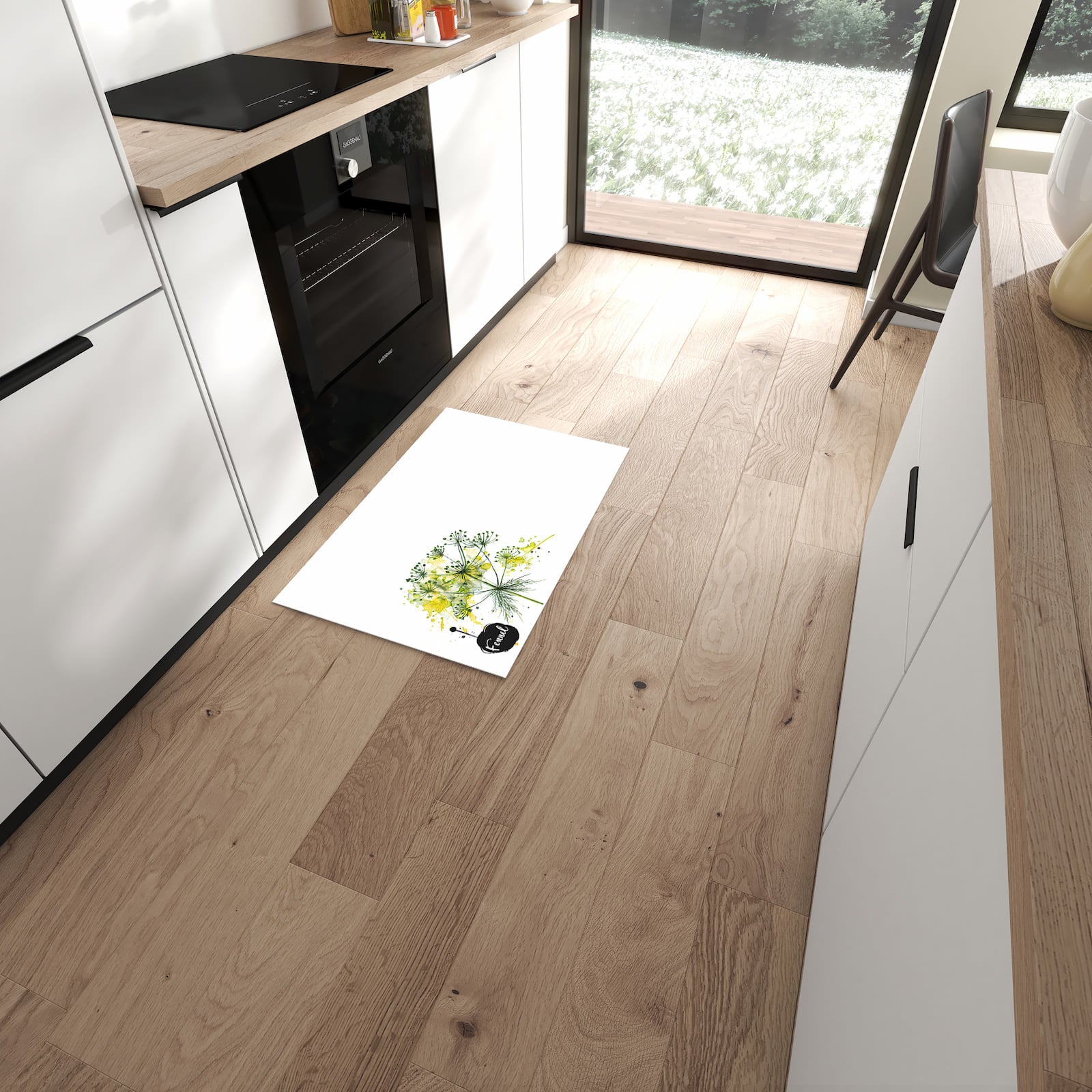 Schmutzabweisender Teppich für die Küche mit Motiv Fennel Kunstwerk in moderner Küche