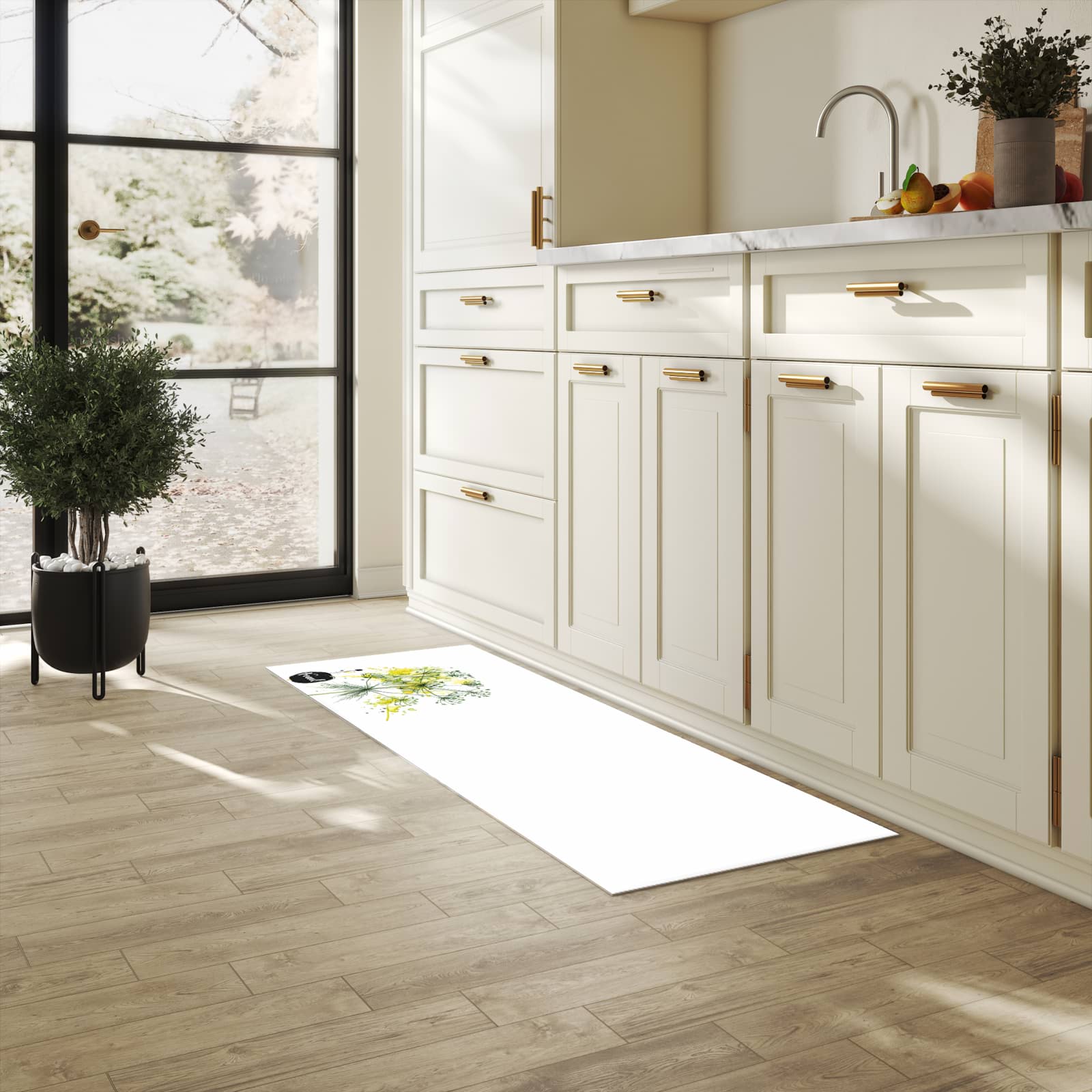 Rutschfester Küchenteppich mit Motiv Fennel Kunstwerk in heller Küche