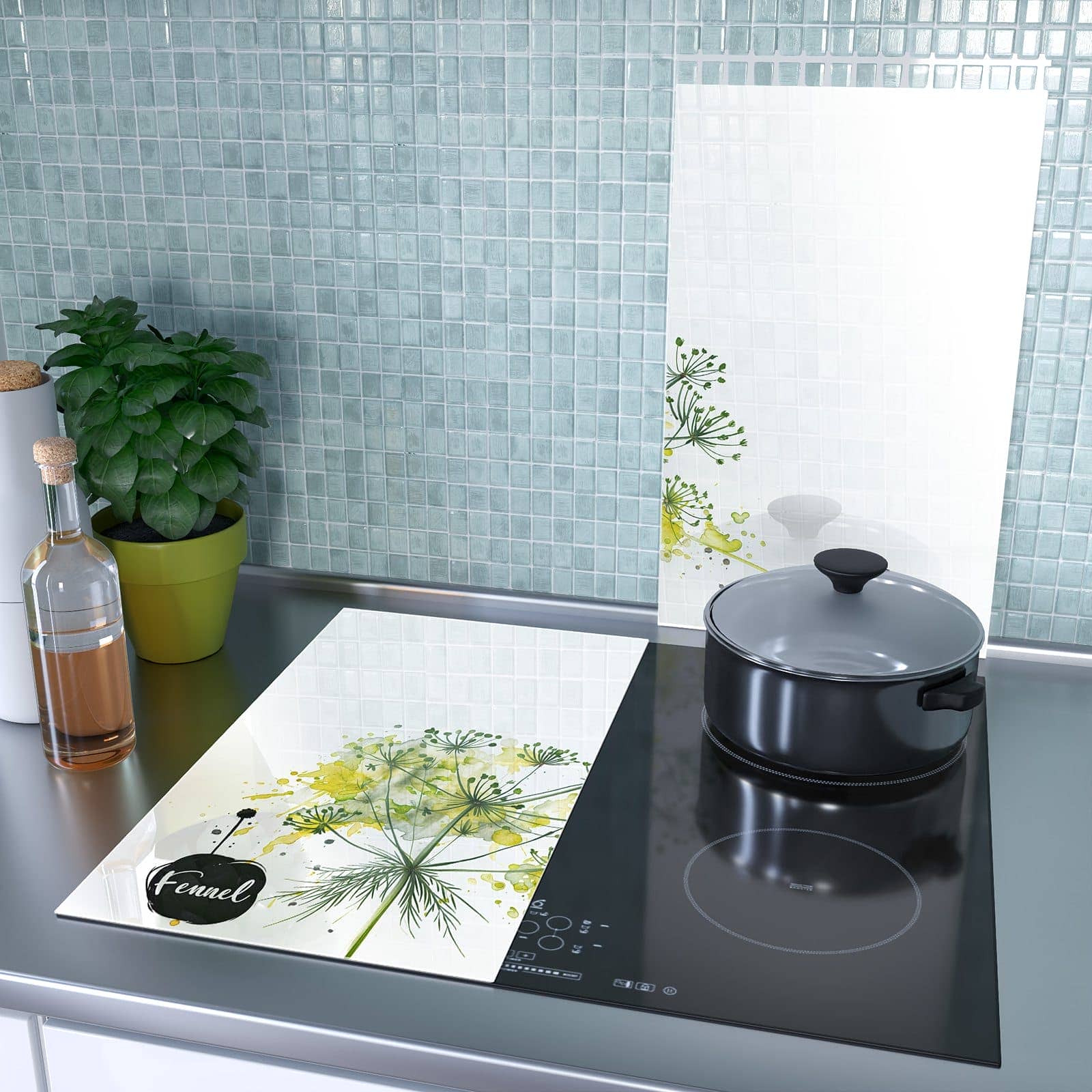 2-teilige Abdeckung für Herdplatten mit Fennel Kunstwerk-Motiv als Spritzschutz hinter dem Kochfeld