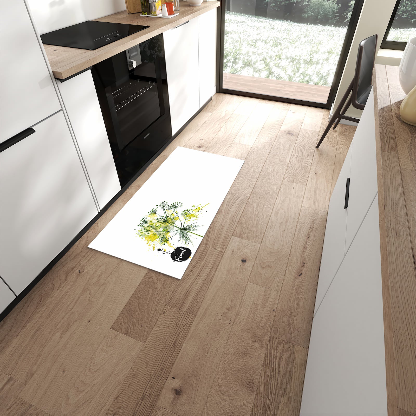 Geräuschdämpfender abwaschbarer Küchenläufer mit Motiv Fennel Kunstwerk in moderner Küche #grösse_60 x 120 cm