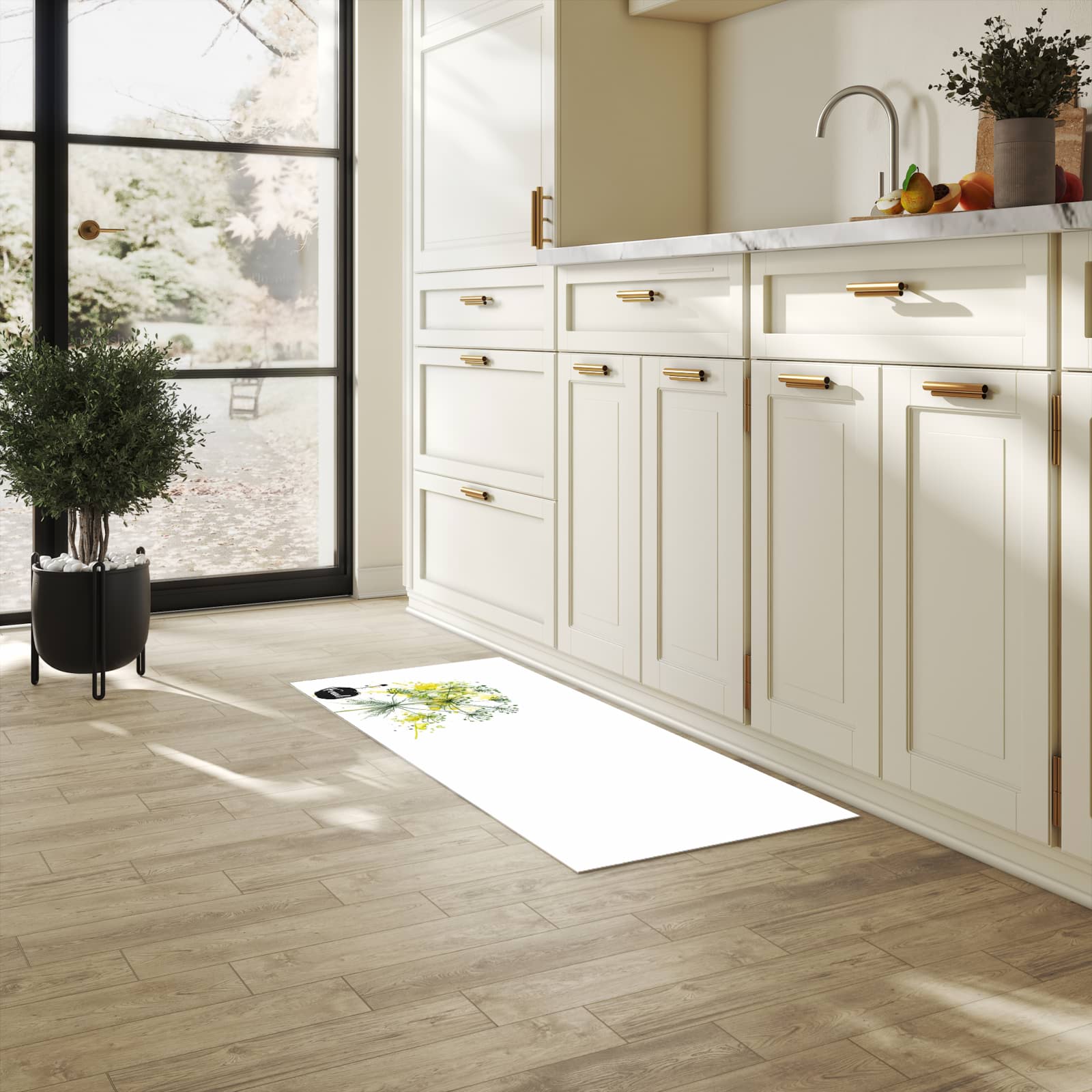 Langlebiger Küchenläufer mit Motiv Fennel Kunstwerk in heller Küche