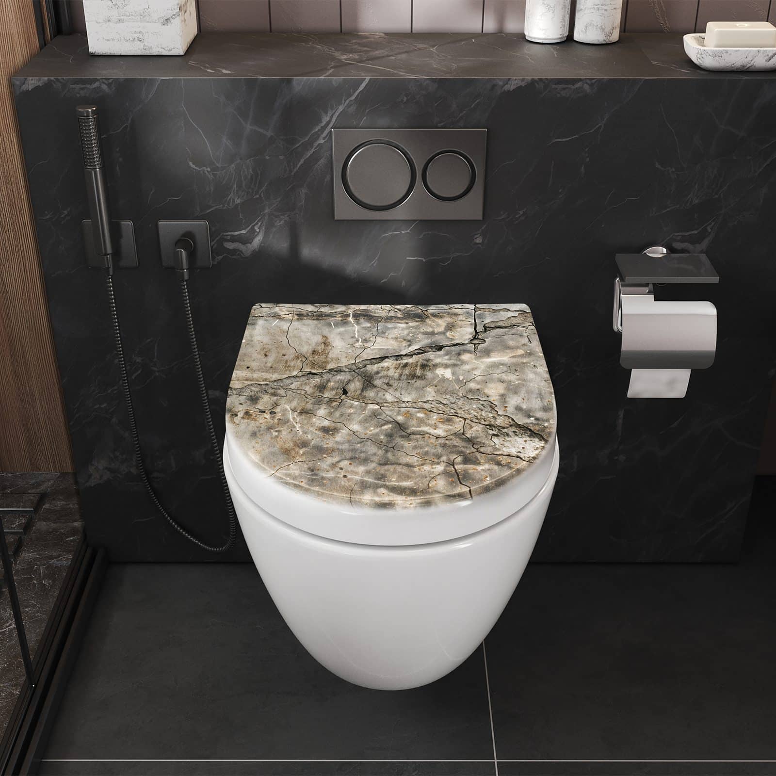 WC-Aufsatz mit Motiv Rissige & Oberfläche in universeller Passform im Badezimmer von vorne
